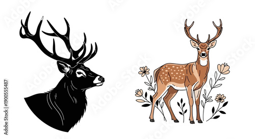 Deer and Stag Head Silhouette Vector Illustration Set: Elegant Wildlife Art