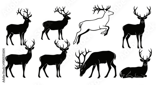 Collection of Deer Silhouettes in Various Poses, Majestic Wildlife Icons