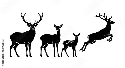 Diverse Deer Family Silhouette Collection: Stag, Doe, Fawn, and Leaping Buck