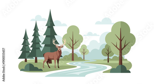 Majestic deer in a serene forest landscape with a winding river and lush greenery