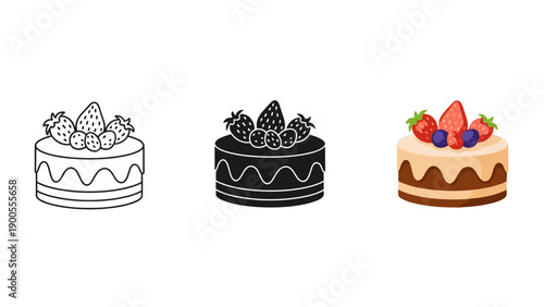 Three cakes with different decorations and colors Vector