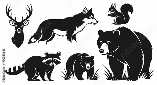 Collection of Black Silhouette Wildlife Animals Icons: Deer, Wolf, Bear, Raccoon, Squirrel