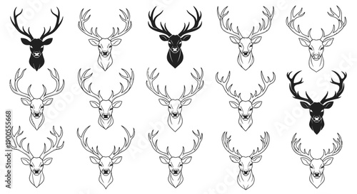 Collection of Stylized Deer Head Illustrations with Antlers, Black and White Graphics
