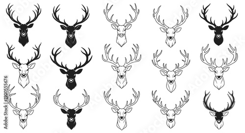 Collection of Majestic Deer Heads with Elaborate Antlers, Black and White Illustrations