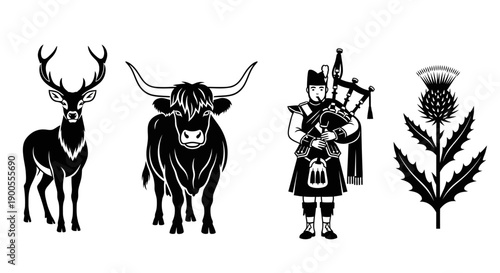 Iconic Scottish Symbols: Stag, Highland Cow, Piper, and Thistle Silhouette Collection