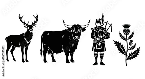 Scottish Symbols: Stag, Highland Cow, Bagpiper, and Thistle Icons