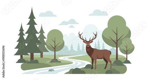 Majestic Stag in a Serene Forest Landscape with a Winding River and Lush Greenery