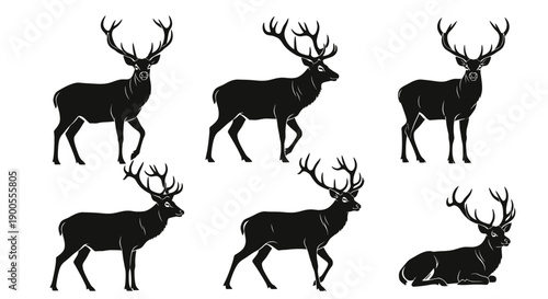Collection of Silhouettes of Majestic Stags with Antlers in Various Poses