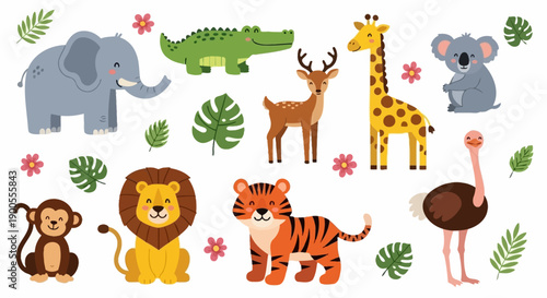 Cute Cartoon Jungle Animals Collection: Elephant, Lion, Tiger, Monkey, Giraffe, Koala