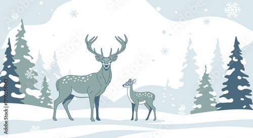 Winter Landscape with Deer Family and Snowy Pine Trees