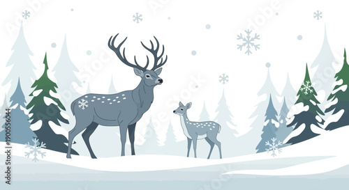 Winter Scene with Two Deer in Snow Among Evergreen Trees and Falling Snowflakes