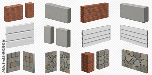 Collection of various construction materials including bricks, concrete blocks, and stone textures.