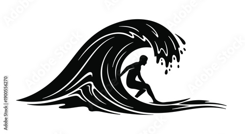 Silhouette of a surfer riding a powerful black wave, dynamic and bold.
