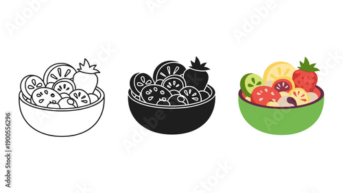 Three bowls of oatmeal with different color schemes and fruit toppings Vector