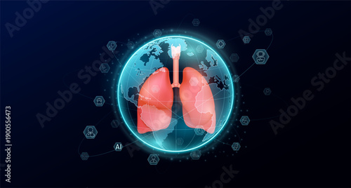 Human organ red lung in blue transparent globe. Medic science icons surrounded. Medical world future. Global there is increasing importance placed on health care. Vector.