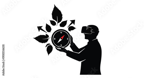 Person in VR headset explores virtual world with a guiding compass and nature elements