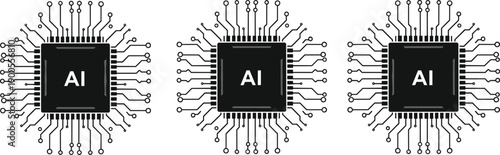 Artificial intelligence AI processor chip set, central processing unit with circuit board lines, digital technology hardware, cad drawing flat vector illustration, microchip.