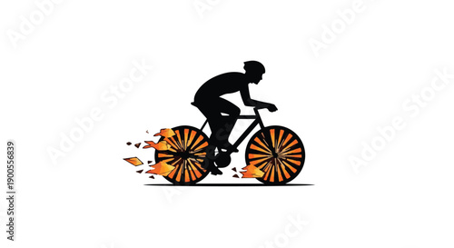 Dynamic cyclist silhouette with fiery wheels symbolizes speed and energy