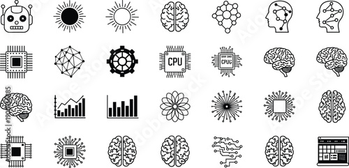 Artificial intelligence and machine learning icon set featuring brain, robot, CPU, data analytics, neural networks, and technology symbols, flat vector illustration.