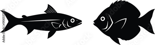 Two silhouettes of fish, one slender and the other round, facing each other in profile