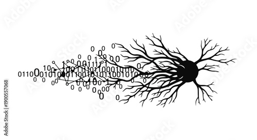 Artificial intelligence neuron with binary code flowing outwards, representing data processing and growth.