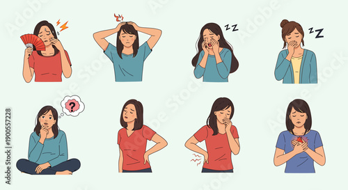 Collection of female icons illustrating various symptoms of illness and discomfort, including headaches, pain, and fatigue