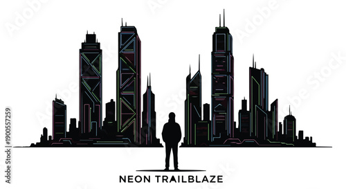 Lone figure stands before a vibrant neon cityscape at night, symbolizing ambition and urban exploration.