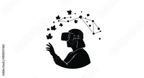 Person in VR headset reaching towards futuristic digital constellation and falling leaves