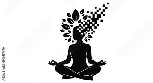 Silhouette of a person meditating, with digital pixels and leaves emanating from their head, symbolizing growth and transformation.