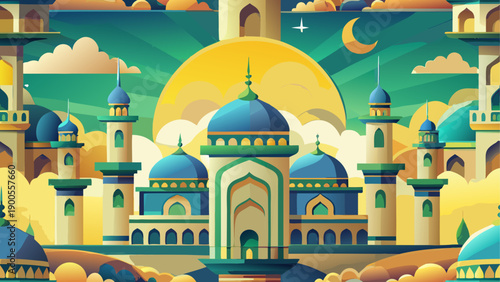 Vibrant isometric mosque architecture with golden domes