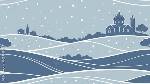 Winter landscape with snowy hills and distant castle