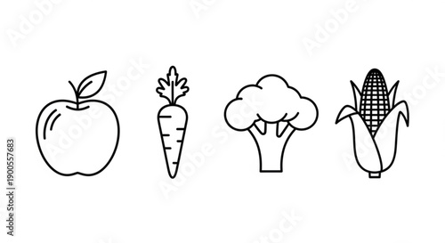 Assorted Vegetables and Fruits Illustrated in Simple Line Art Style