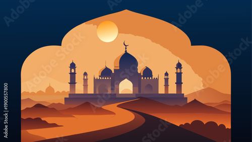 Mystical desert landscape with moonlit palace vector illustration