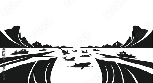 Diverse transportation vessels navigate a stylized watery landscape with dramatic mountain silhouettes.