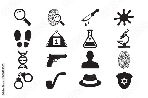 Police Investigation Icons Featuring DNA Fingerprints and Evidence