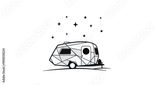 Whimsical geometric camper under a starry night sky, evoking adventure and wanderlust.