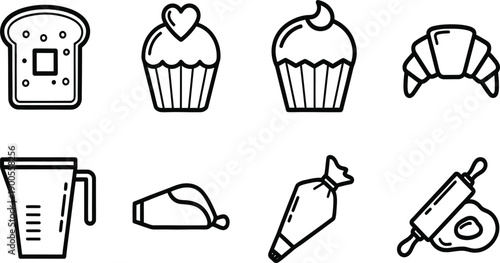 Collection of Baking and Pastry Icons Bread, Cupcakes, Croissant, Measuring Cup, Piping Bag, Rolling Pin, and Egg