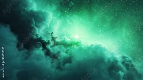 Soft green nebula clouds drift through deep space in slow motion shows cosmic dust, distant stars, and atmospheric space visuals.