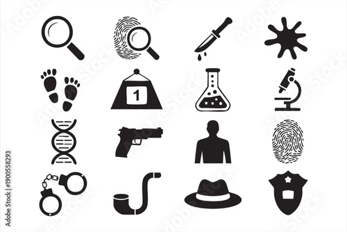 Forensic Investigation and Evidence Icons Set in Black Vector Style