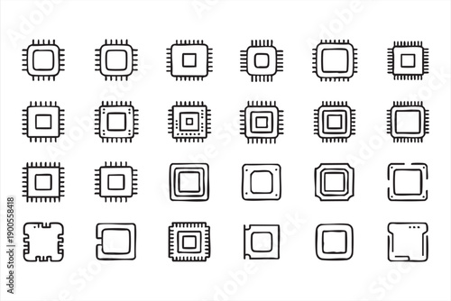 Modern CPU and Microchip Icons for Software and Hardware Graphics