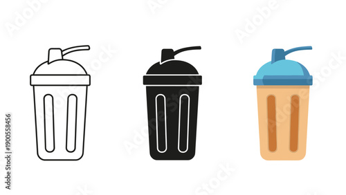 Three illustrations of protein shaker bottles in different colors Vector