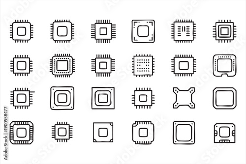 Computer Chip and Semiconductor Icons Set in Minimal Line Vector Style