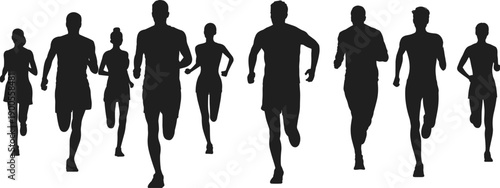 Group of runners silhouettes, men and women running together, fitness training, marathon competition, healthy lifestyle, endurance sport concept illustration