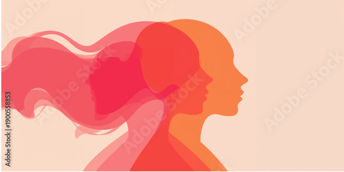Elegant silhouette profile of a fashion lady with artistic hair and pink heart elements representing beauty and love in a black vector illustration style