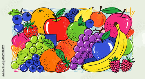A vibrant, playful hand-drawn illustration showcasing a diverse and bountiful assortment of fresh, healthy fruits, bursting with natural colors and promoting nutritious eating
