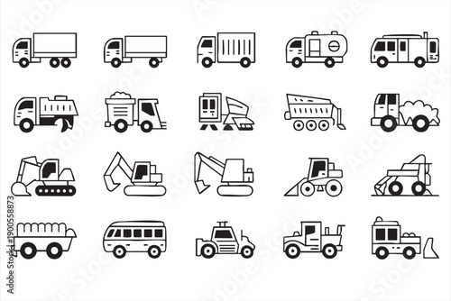 Heavy Machinery and Utility Vehicle Icons Set in Line Vector Style