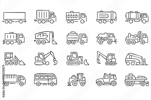 Construction and Transport Truck Icons for Industrial Logistics Design