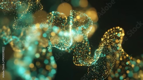 Shimmering particles move and merge in fluid motion. The animated shapes create an abstract flow of glowing energy, digital matter, and cinematic visual effects.