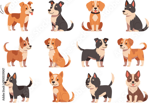 Cute cartoon dogs collection showing playful puppies in different poses flat vector illustration set