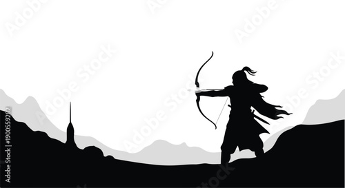 Silhouette of an archer drawing a bow against a backdrop of stylized mountains and a distant spire.